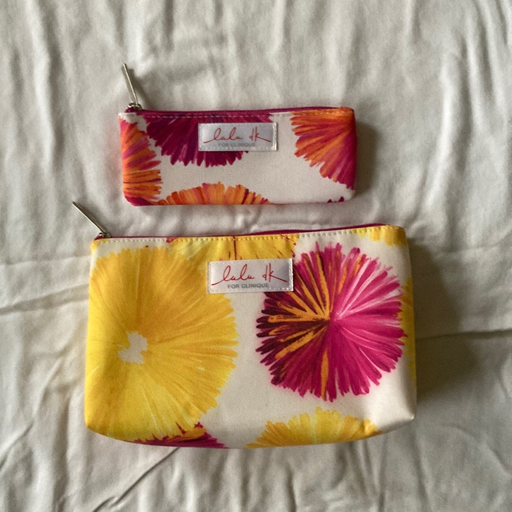 Lulu dK for Clinique Floral Pouch Zipper Bags Bundle Flowers Pink Red White EUC